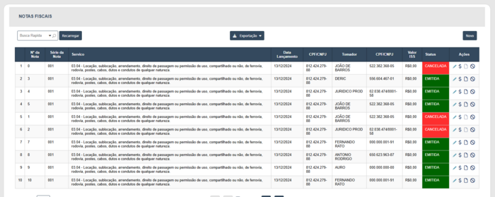 Listagem de Notas Fiscais.